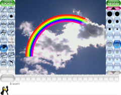 A photograph of a cloudy sky with a cartoon rainbow drawn over it. One edge fades into the sky background.